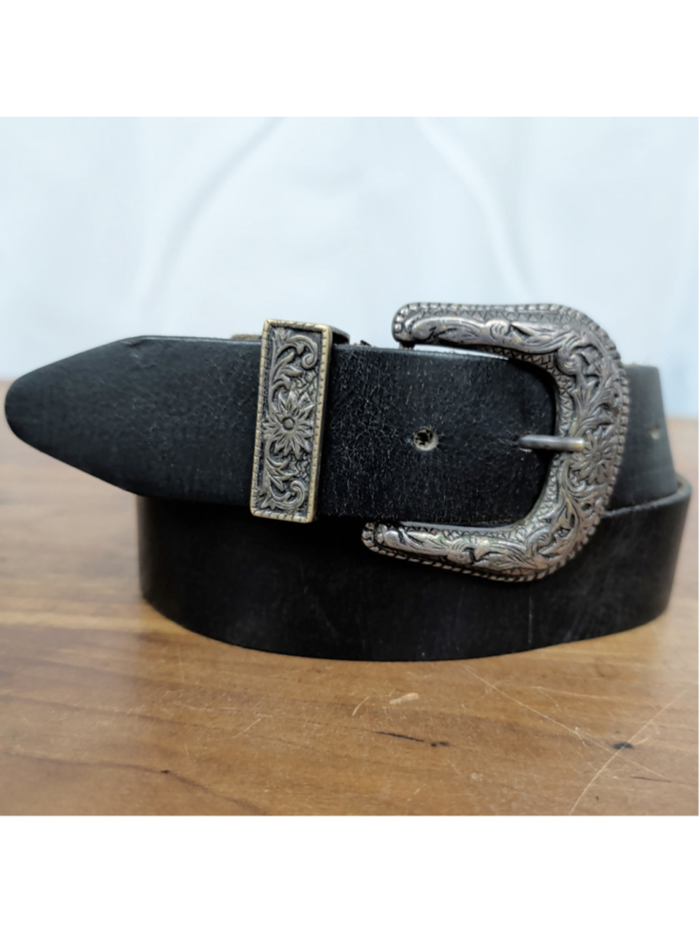 Vintage Black Leather Belt with Embellished Hardware